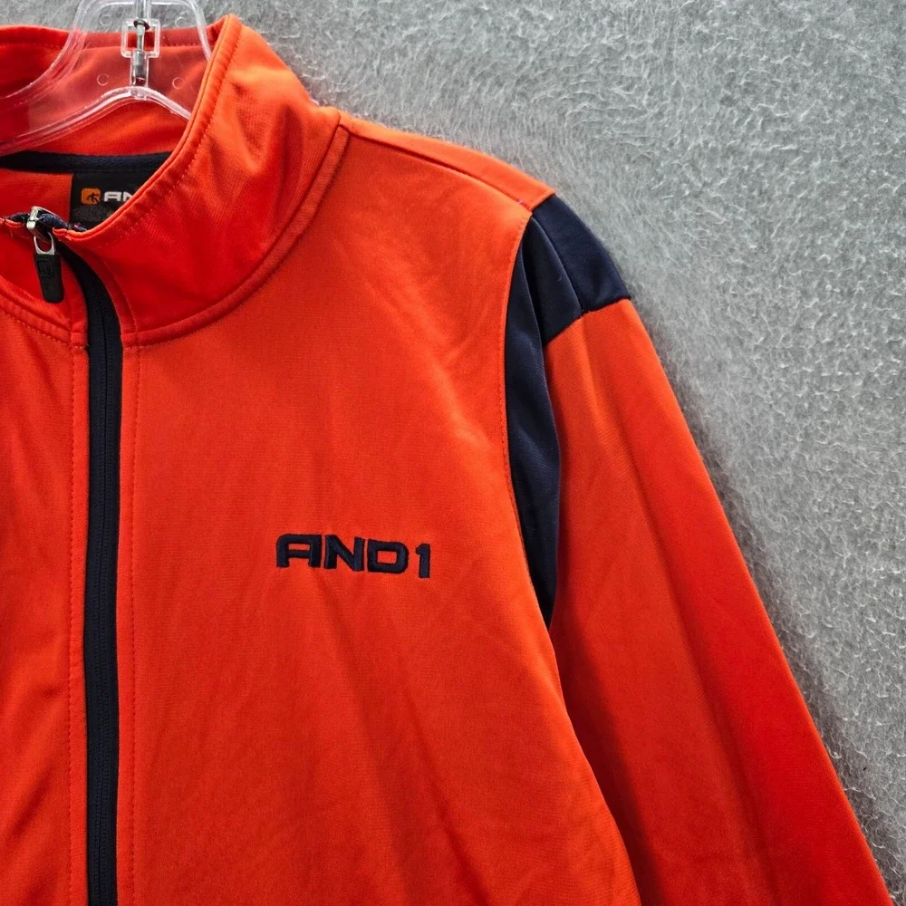 AND1 Men‎ Track Jacket Large Orange Full Zip Logo Mock Neck Pockets Long Sleeve